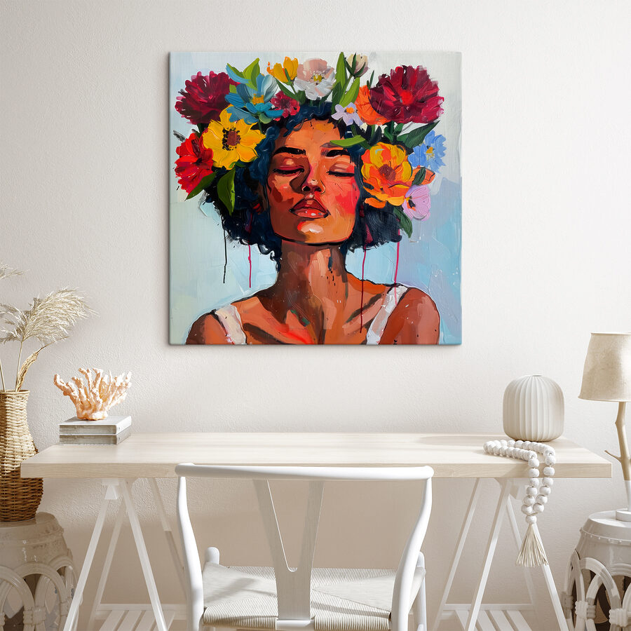 Peinture d'une femme avec des fleurs dans les cheveux Peinture d'une femme avec des fleurs dans les cheveux