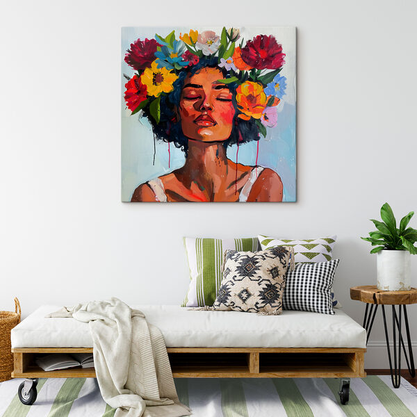 Peinture d'une femme avec des fleurs dans les cheveux Peinture d'une femme avec des fleurs dans les cheveux