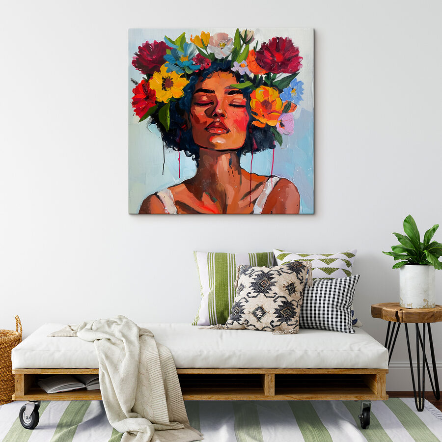 Peinture d'une femme avec des fleurs dans les cheveux Peinture d'une femme avec des fleurs dans les cheveux