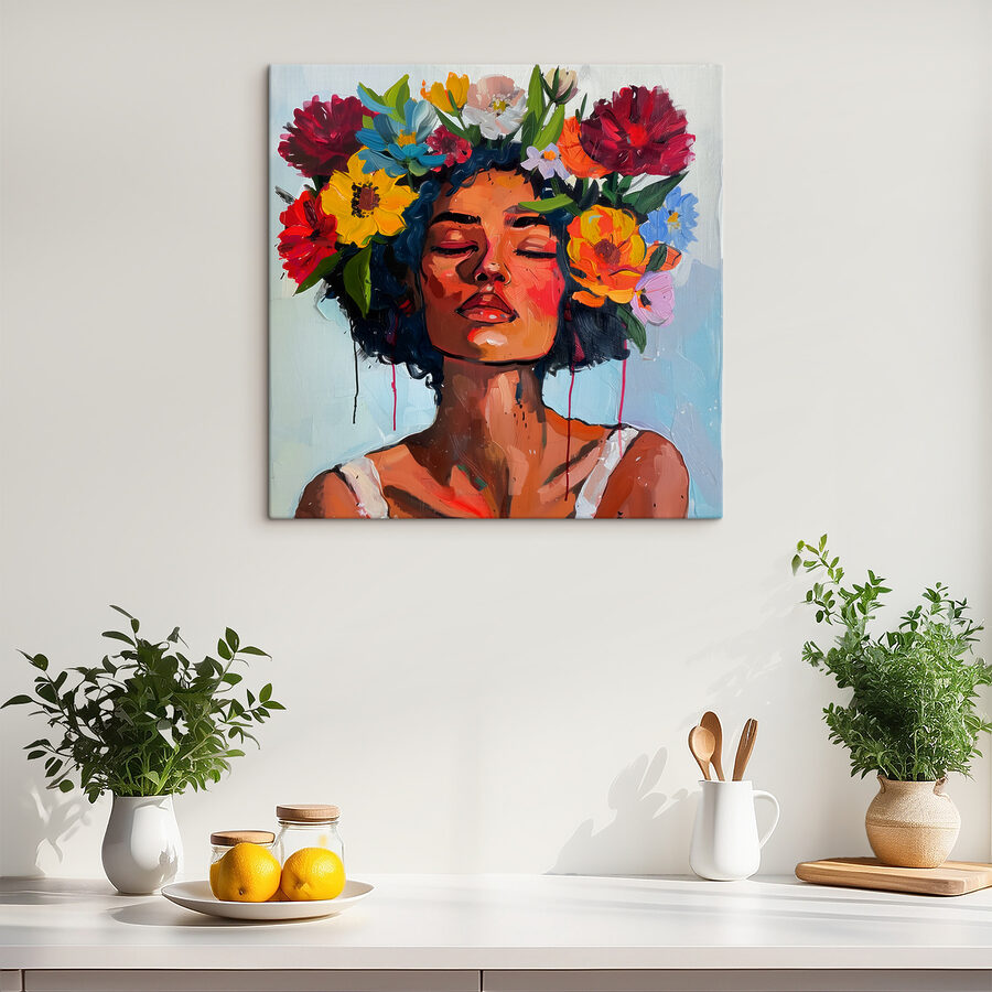Peinture d'une femme avec des fleurs dans les cheveux Peinture d'une femme avec des fleurs dans les cheveux