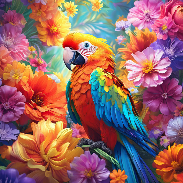 Un oiseau coloré assis sur une branche entourée de fleurs Un oiseau coloré assis sur une branche entourée de fleurs