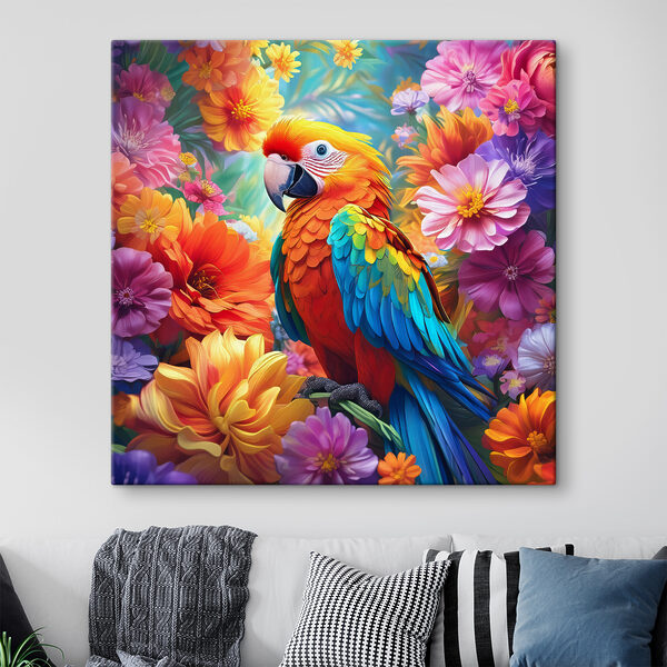 Un oiseau coloré assis sur une branche entourée de fleurs Un oiseau coloré assis sur une branche entourée de fleurs