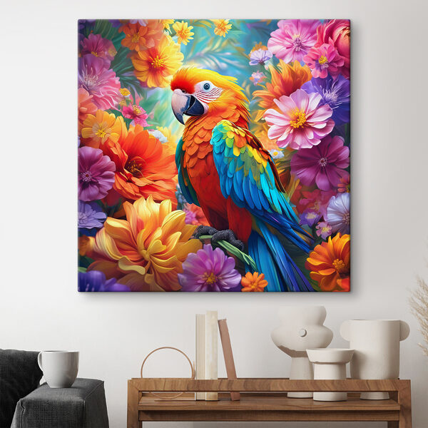 Un oiseau coloré assis sur une branche entourée de fleurs Un oiseau coloré assis sur une branche entourée de fleurs