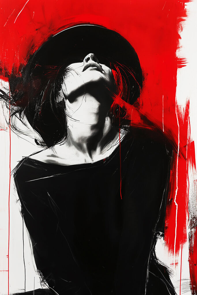 A woman with black hat and red background