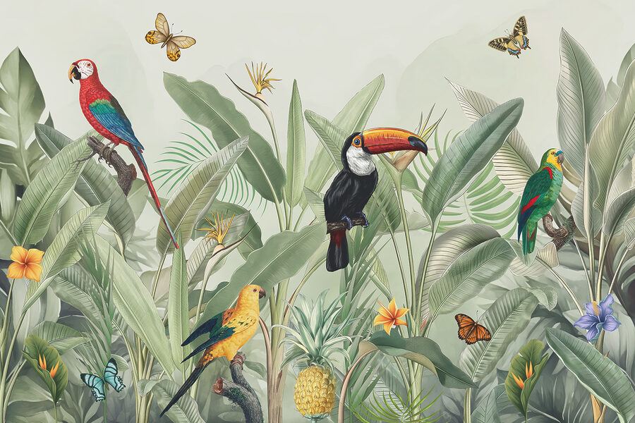 Papier peint Un papier peint avec des oiseaux et des papillons – Image 5