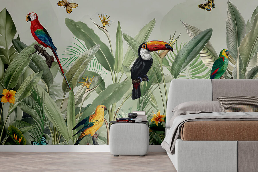 Papier peint Un papier peint avec des oiseaux et des papillons