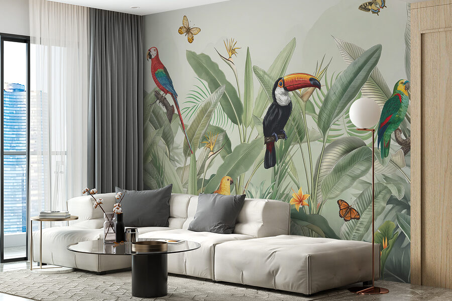 Papier peint Un papier peint avec des oiseaux et des papillons – Image 2