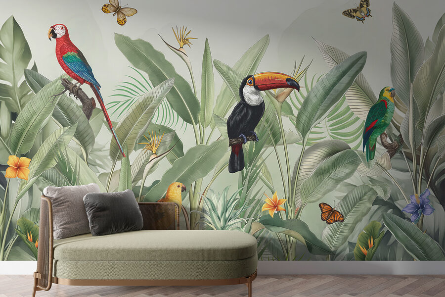 Papier peint Un papier peint avec des oiseaux et des papillons – Image 3