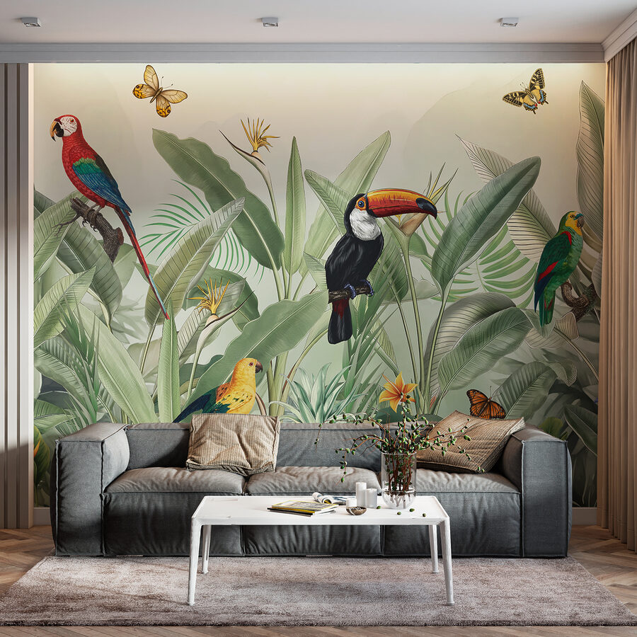 Papier peint Un papier peint avec des oiseaux et des papillons – Image 4