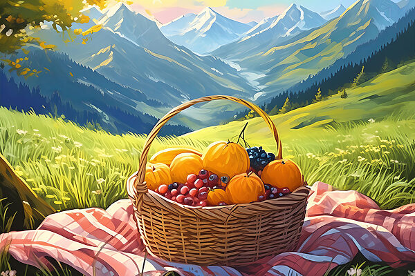 Une corbeille de fruits sur une couverture dans un champ herbeux Une corbeille de fruits sur une couverture dans un champ herbeux