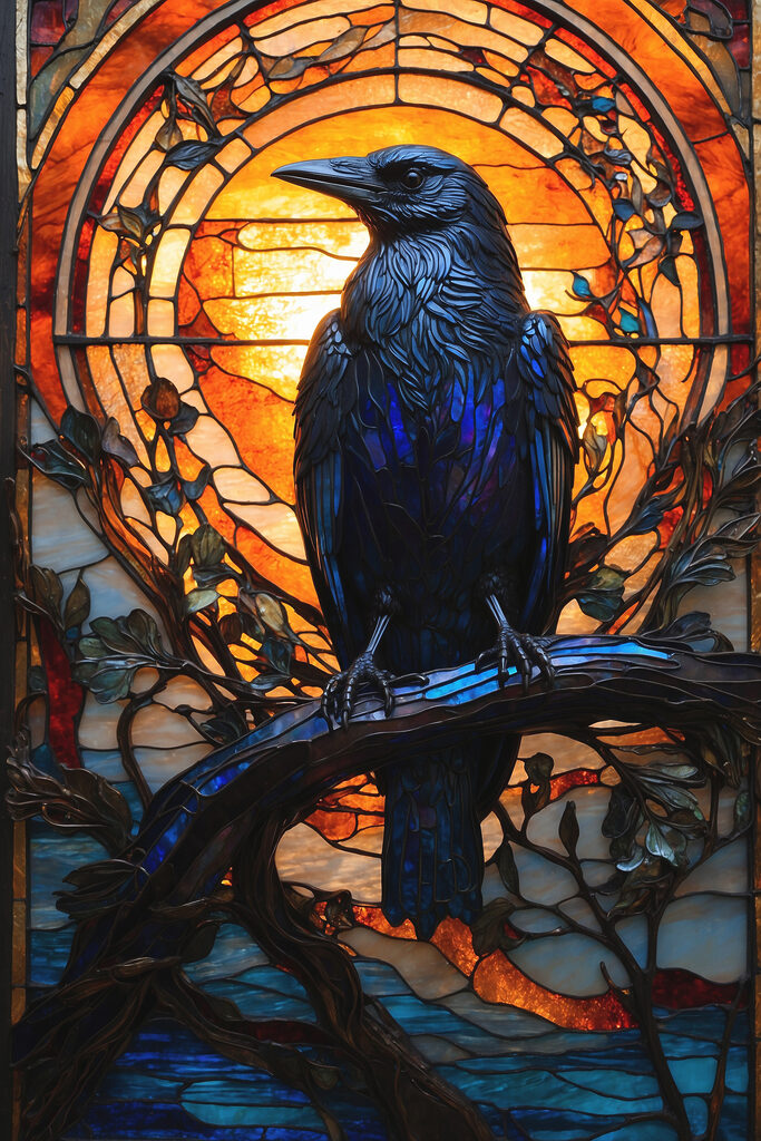 A stained glass window with a bird on a branch