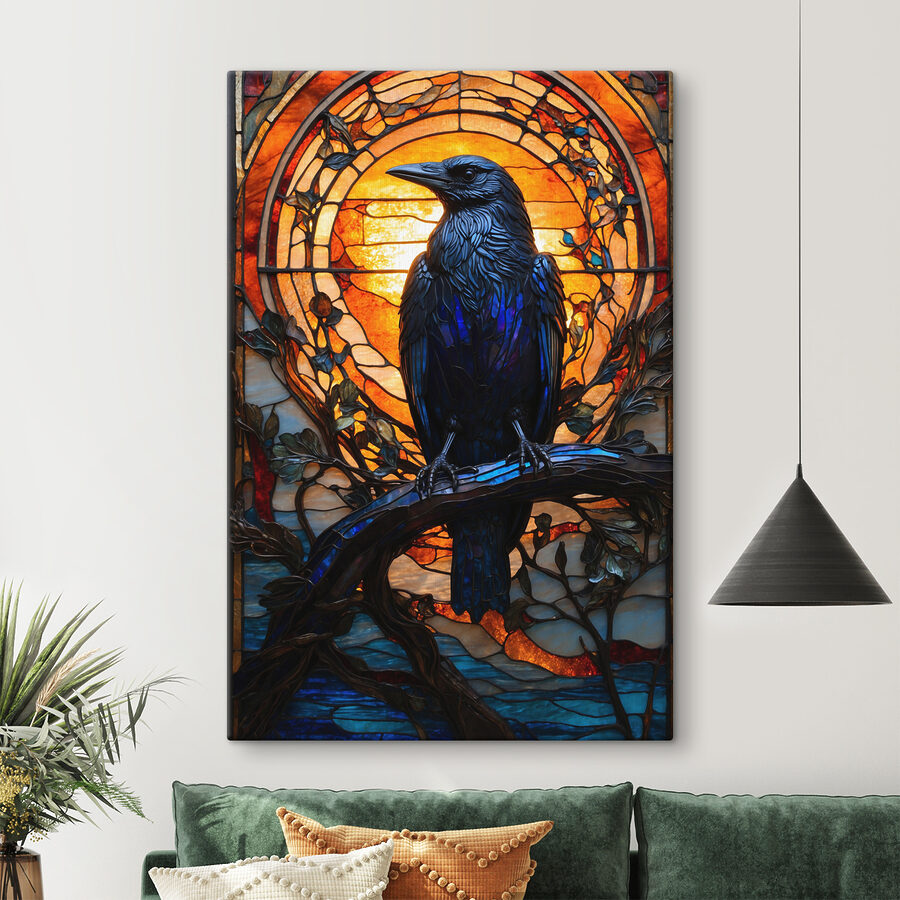 Un vitrail avec un oiseau sur une branche Un vitrail avec un oiseau sur une branche