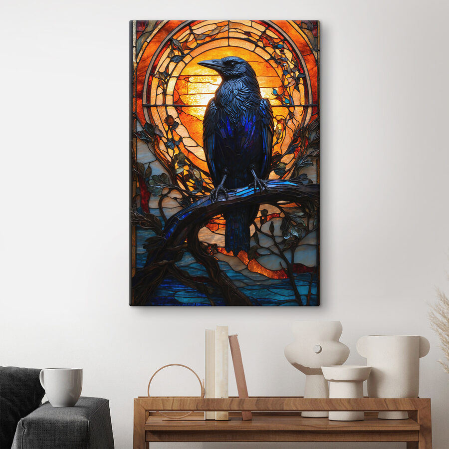 Un vitrail avec un oiseau sur une branche Un vitrail avec un oiseau sur une branche