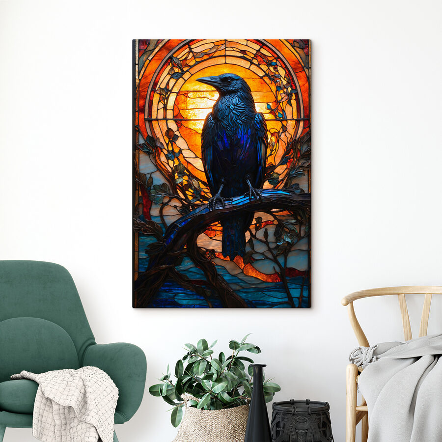 Un vitrail avec un oiseau sur une branche Un vitrail avec un oiseau sur une branche