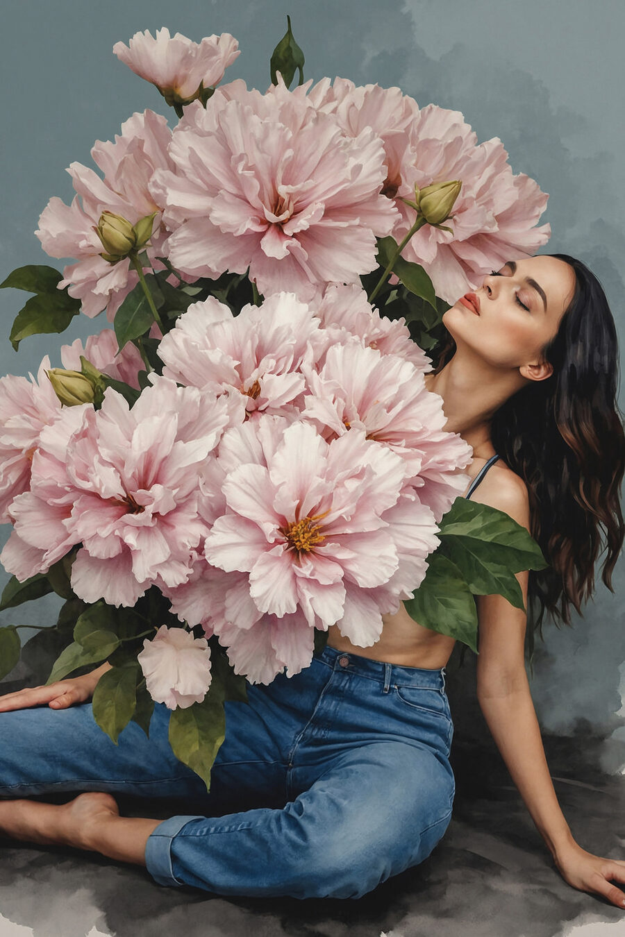Une femme assise sur le sol avec un grand bouquet de fleurs