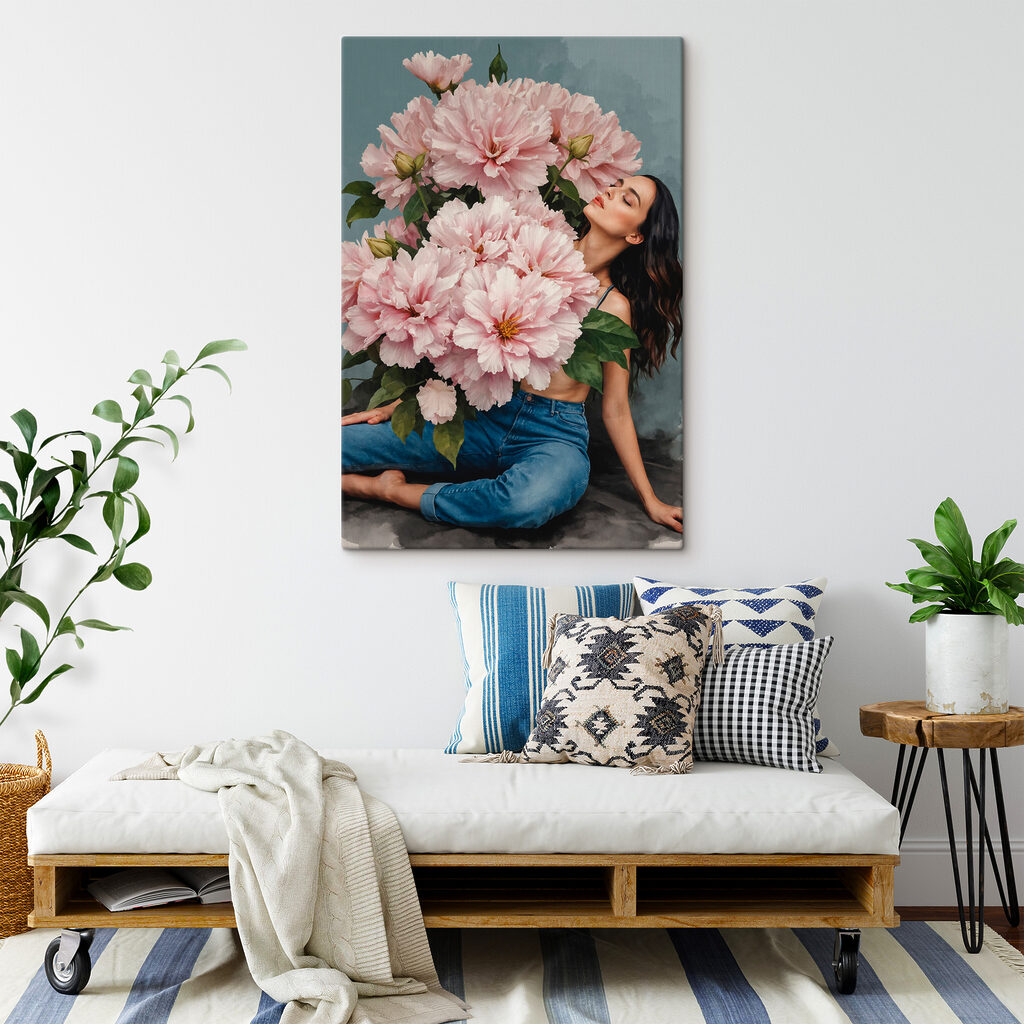 A woman sitting on a floor with a large bouquet of flowers