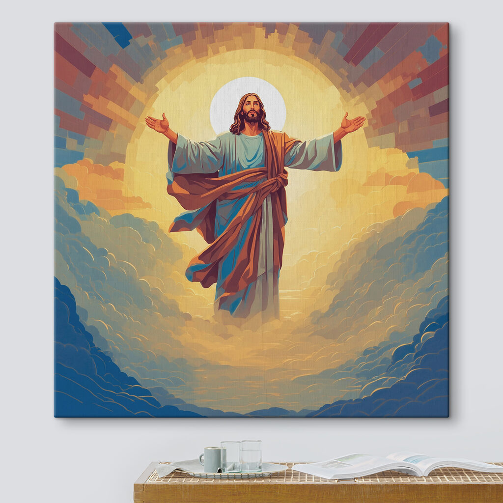 A painting of a man in a robe with his arms out in the air