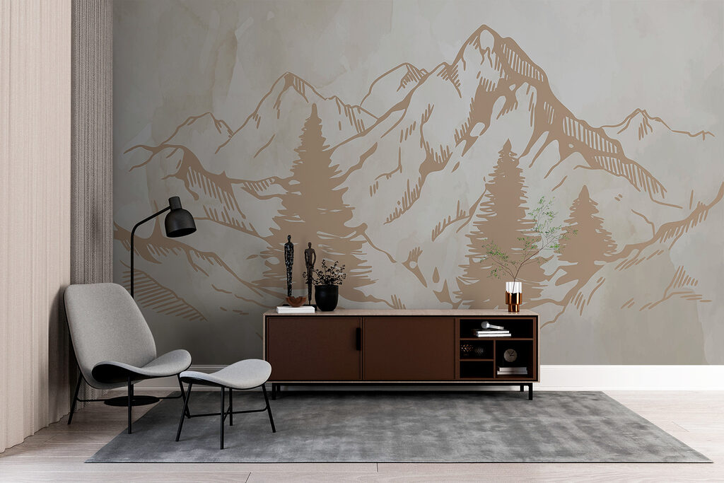 A drawing of mountains and trees