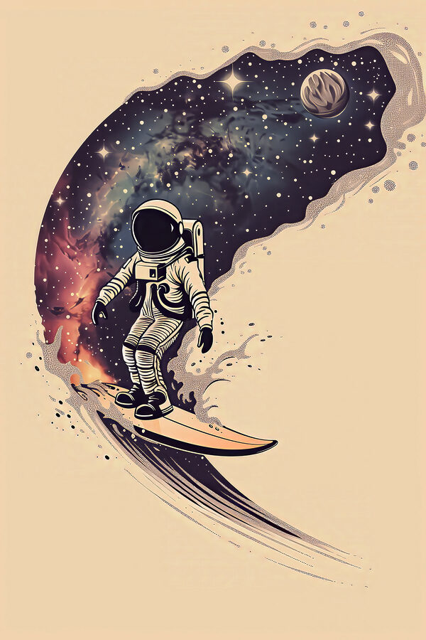 Un astronaute sur une planche de surf Un astronaute sur une planche de surf
