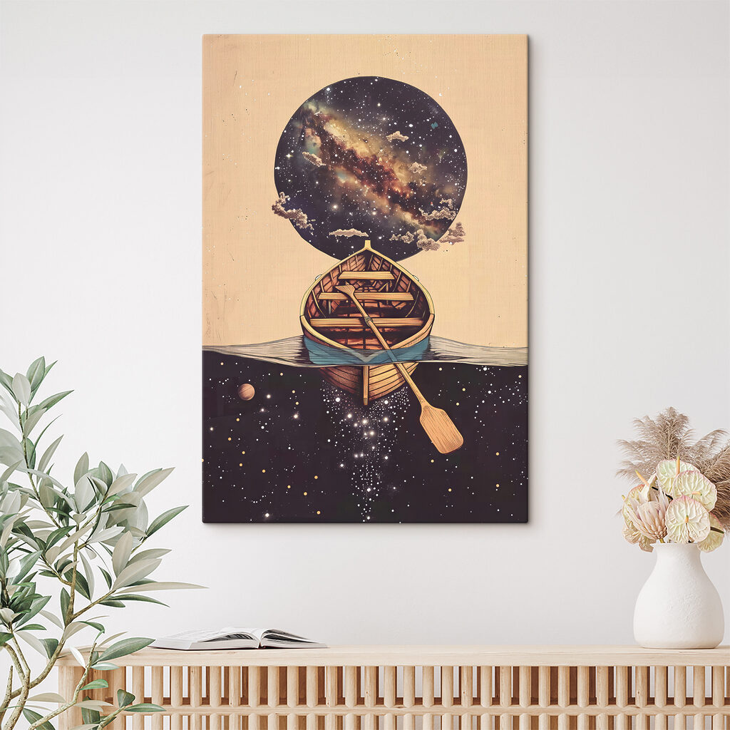 A boat in water with a circle in the background