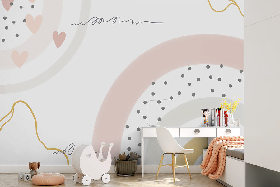 Un fond blanc avec des cercles et des points roses et gris