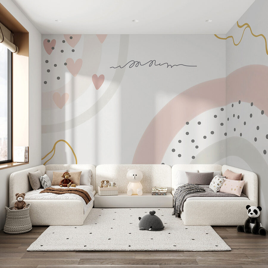 Un fond blanc avec des cercles et des points roses et gris