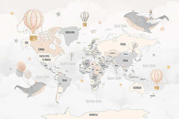 Une carte du monde avec des montgolfières Une carte du monde avec des montgolfières