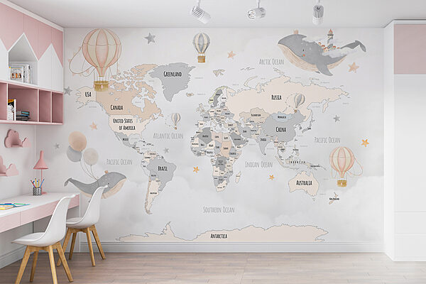 Une carte du monde avec des montgolfières Une carte du monde avec des montgolfières