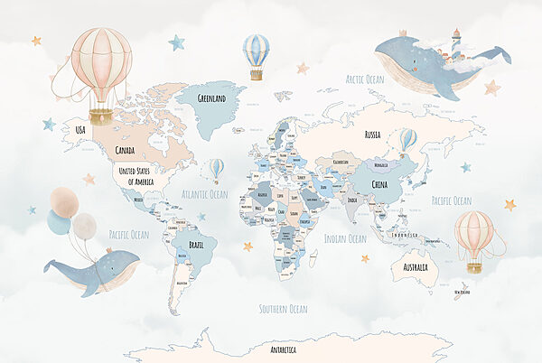 Une carte du monde avec des montgolfières Une carte du monde avec des montgolfières