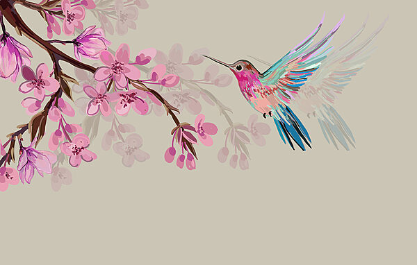 Un oiseau volant à côté d'une branche de fleurs Un oiseau volant à côté d'une branche de fleurs