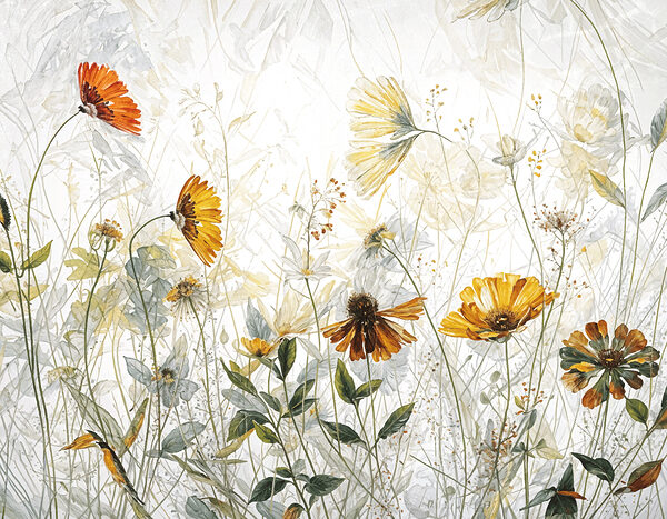 Une peinture de fleurs et de feuilles Une peinture de fleurs et de feuilles