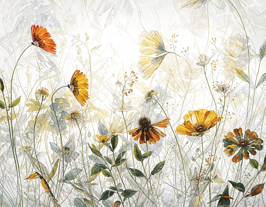 Une peinture de fleurs et de feuilles