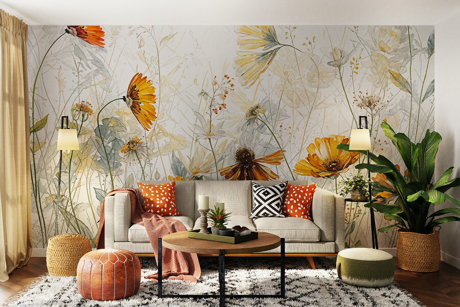 Une peinture de fleurs et de feuilles
