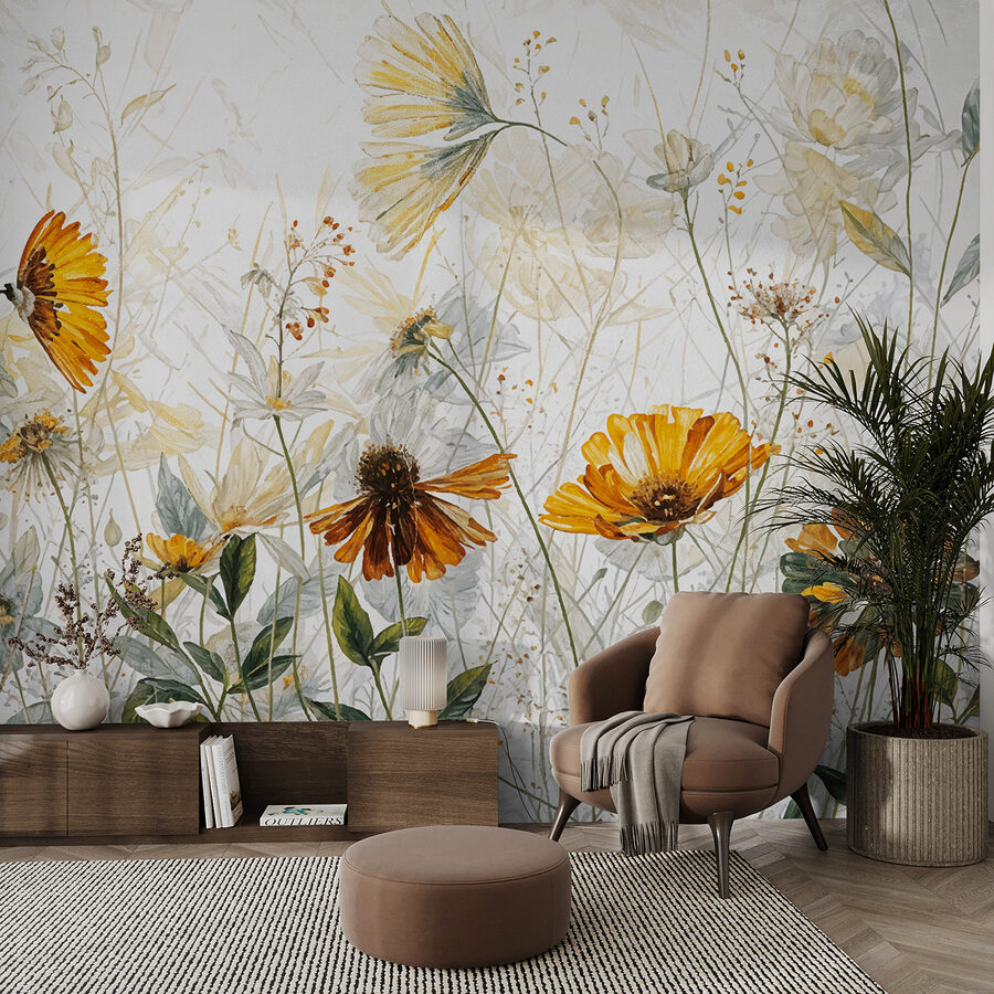 Une peinture de fleurs et de feuilles