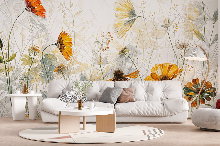 Une peinture de fleurs et de feuilles