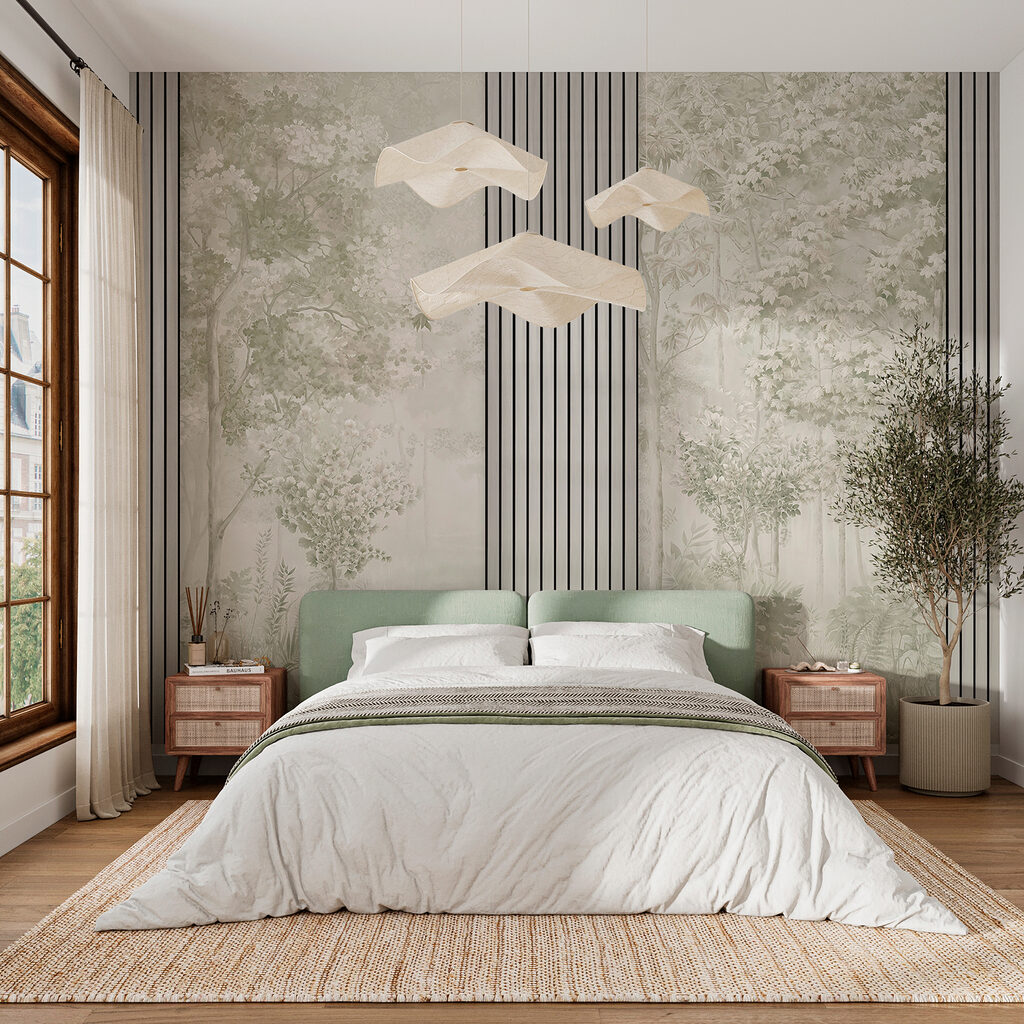 A wallpaper with trees and flowers