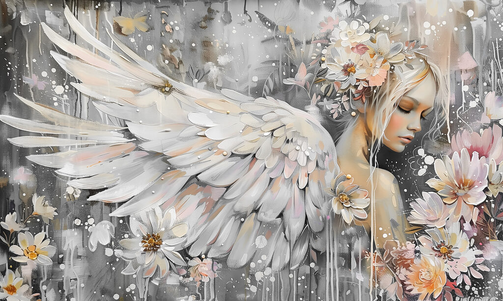 Peinture d'une femme avec des ailes et des fleurs Peinture d'une femme avec des ailes et des fleurs