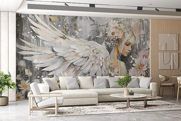 Peinture d'une femme avec des ailes et des fleurs Peinture d'une femme avec des ailes et des fleurs
