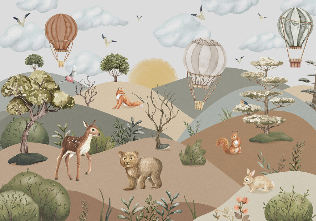 Un paysage avec des animaux et des montgolfières Un paysage avec des animaux et des montgolfières