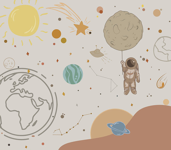 Dessin humoristique d'un astronaute tenant une planète dans l'espace Dessin humoristique d'un astronaute tenant une planète dans l'espace