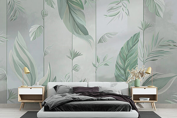 A wallpaper with leaves and flowers