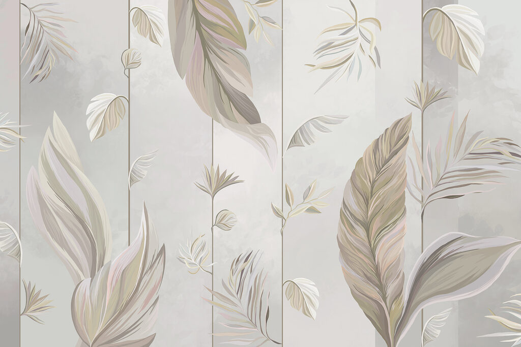 Un papier peint avec des feuilles et des fleurs Un papier peint avec des feuilles et des fleurs