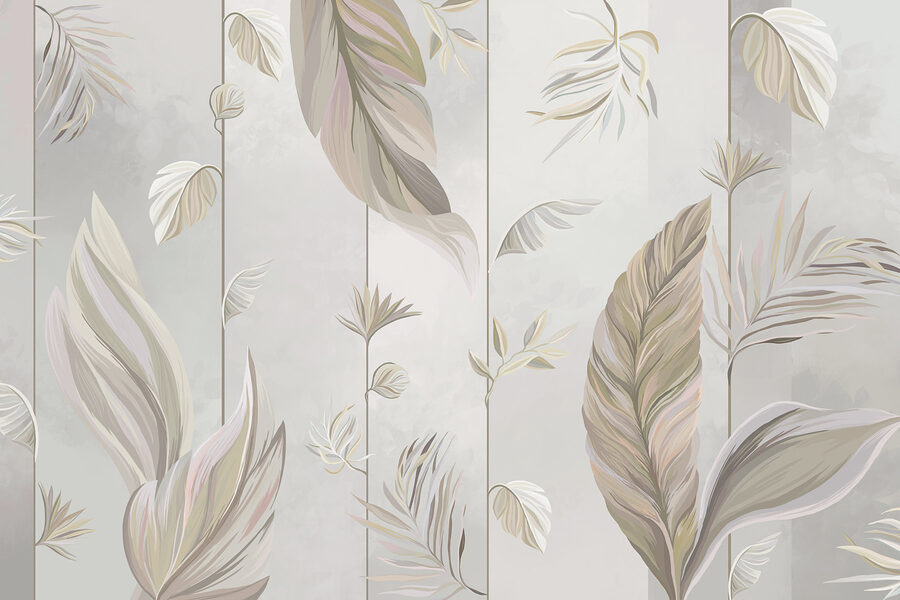 Un papier peint avec des feuilles et des fleurs