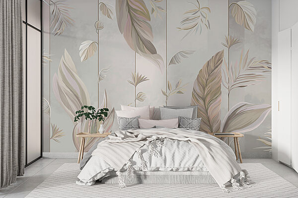 Un papier peint avec des feuilles et des fleurs Un papier peint avec des feuilles et des fleurs