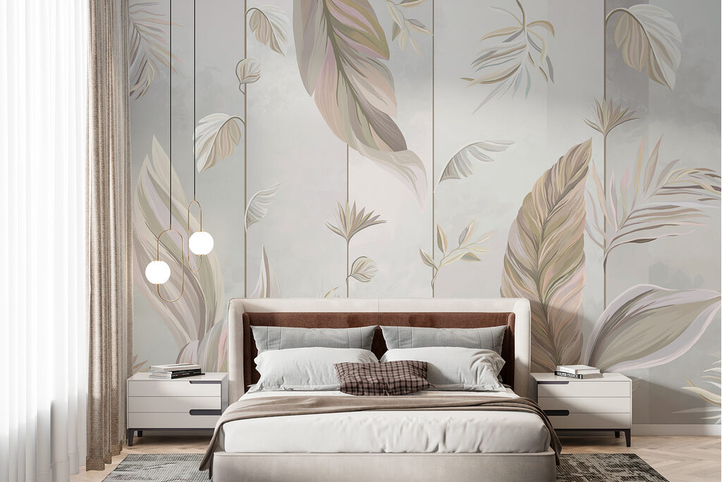 A wallpaper with leaves and flowers