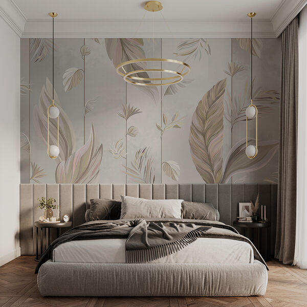 Un papier peint avec des feuilles et des fleurs Un papier peint avec des feuilles et des fleurs