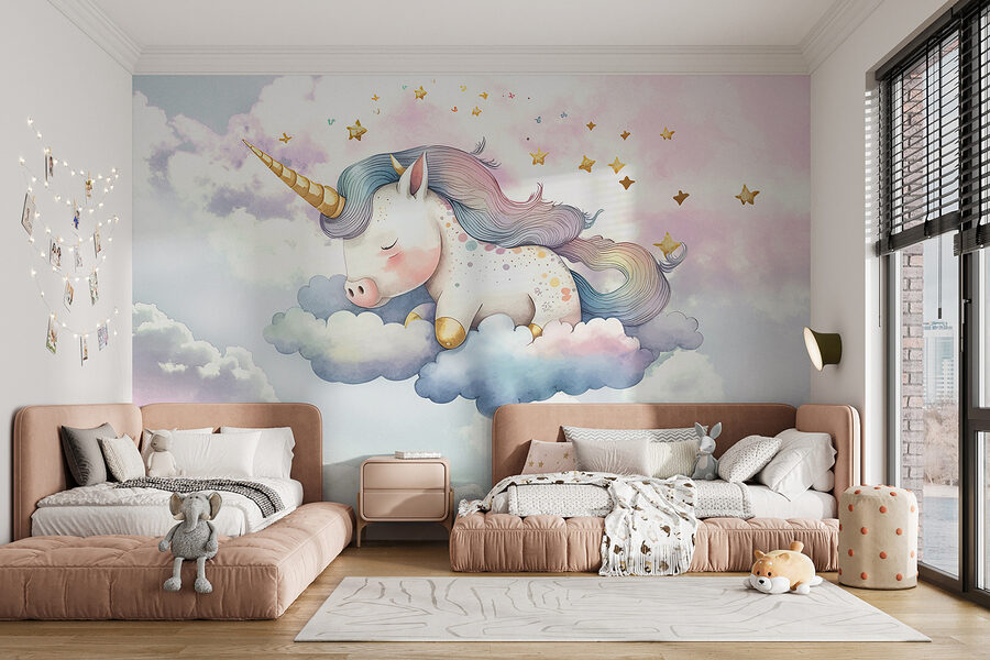 Une licorne dormant sur les nuages