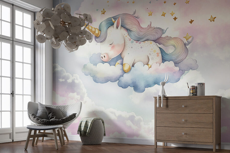 Une licorne dormant sur les nuages