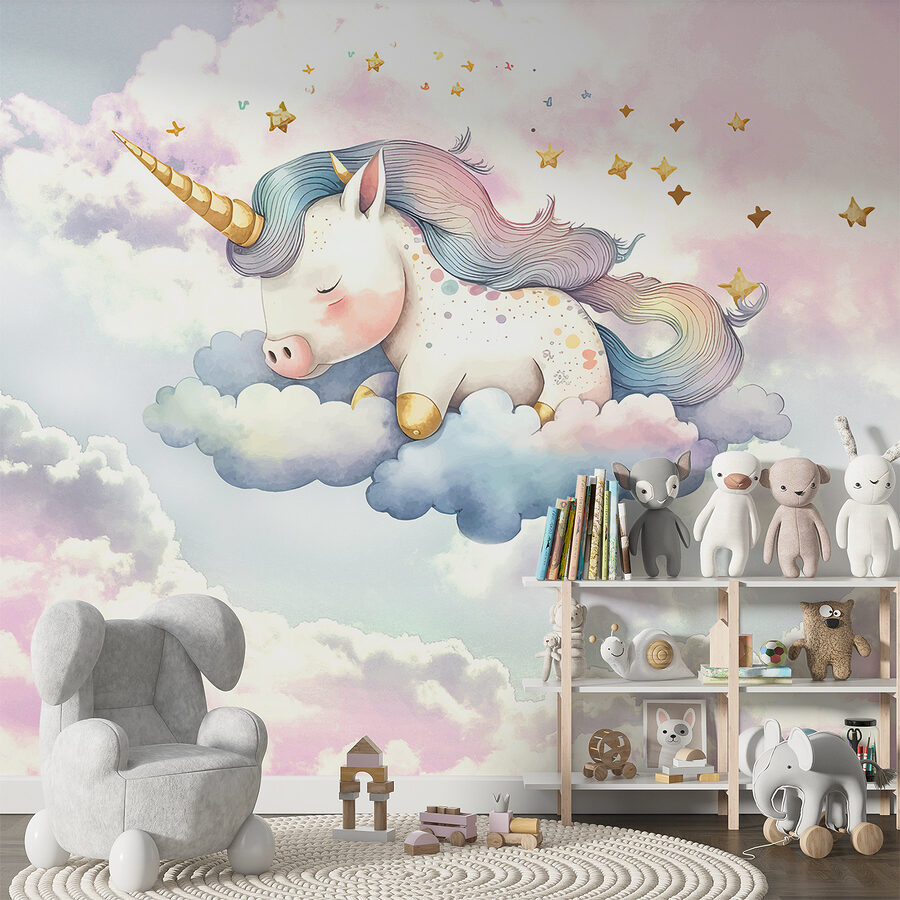 Une licorne dormant sur les nuages