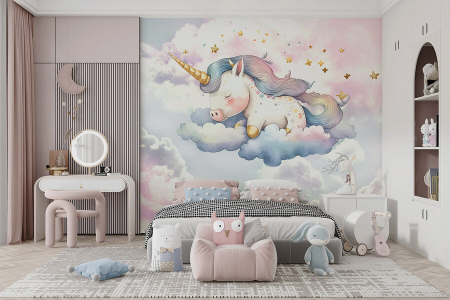 Une licorne dormant sur les nuages